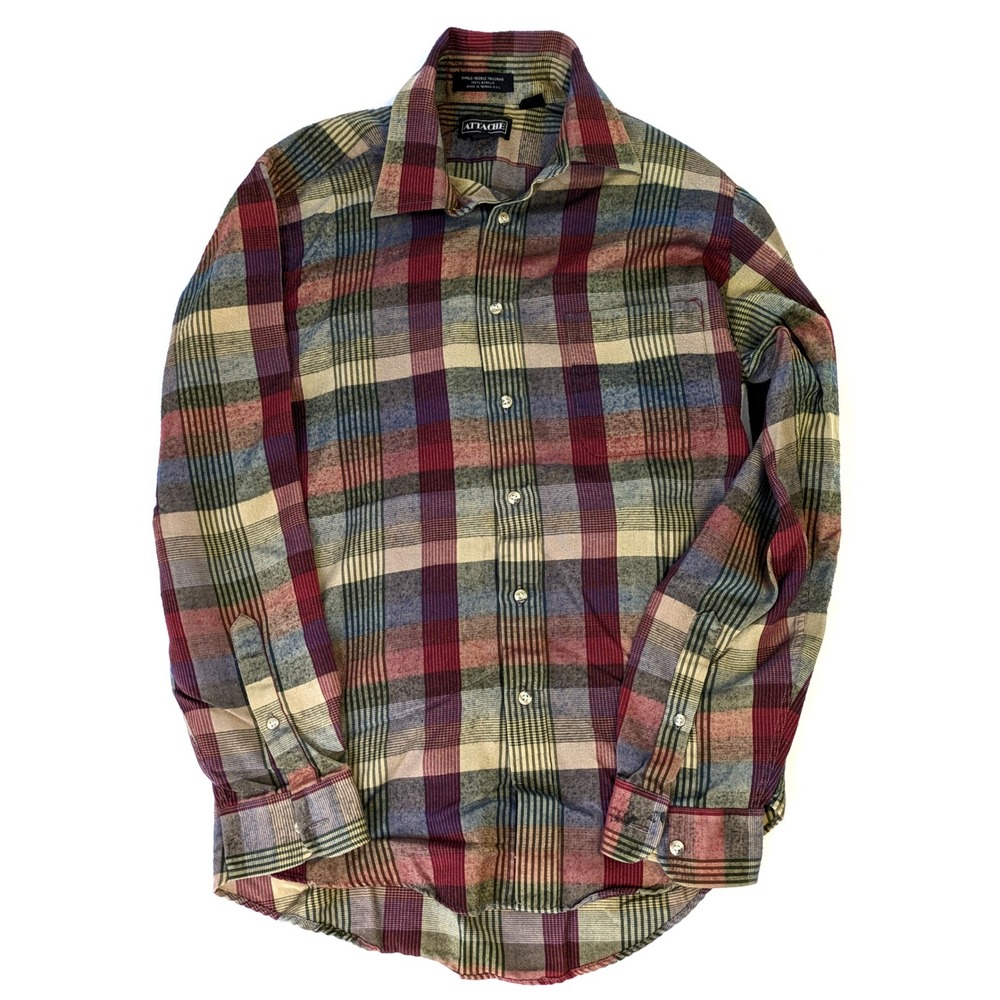Attache Mens Plaid Button Down Shirt Medium Long Sleeve Acrylic Stripes Vintage